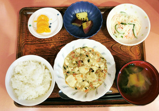 きのうのお昼ごはんは、麻婆豆腐・春雨サラダ・さつま芋煮・みそ汁・くだものでした。
