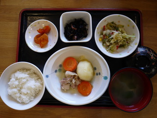 今日のお昼ご飯は、鶏肉のあっさり煮、野菜炒め、ひじき煮、味噌汁、果物でした。