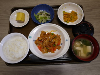 きょうのお昼ご飯は、ポークチャップ、サラダ、浅漬、味噌汁、果物でした。