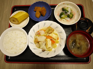 きょうのお昼ご飯は、厚揚げと白菜の塩炒め、煮物、かにかまあん、味噌汁、果物でした。