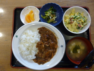 きょうのお昼ご飯は、ハヤシライス、マカロニ卵サラダ、浅漬け、味噌汁、果物でした。