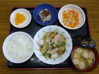 今日のお昼は、八宝菜、和え物、冷奴、味噌汁、果物です。