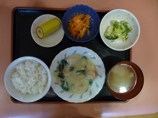 きょうのお昼ご飯は、クリームシチュー、サラダ、浅漬け、味噌汁、果物でした。