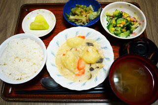 きょうのお昼ごはんは、クリームシチュー、サラダ、和え物、みそ汁、果物でした。