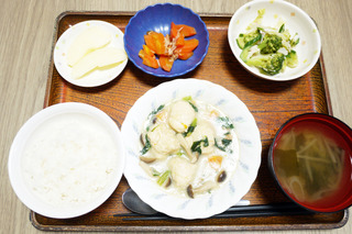 今日のお昼ごはんは、肉団子のクリーム煮、サラダ、ツナ人参、味噌汁、くだものでした。
