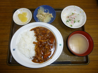 きょうのお昼ごはんは、ハヤシライス、大根サラダ、煮浸し、味噌汁、果物でした。