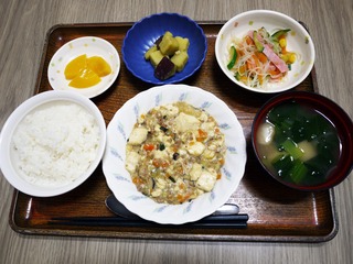きょうのお昼ごはんは、麻婆豆腐・春雨サラダ・ころころ煮、味噌汁、くだものでした。