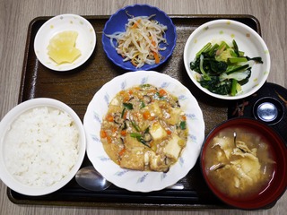 きょうのお昼ごはんは、家常豆腐・生姜和え・ナムル・みそ汁・くだものでした。