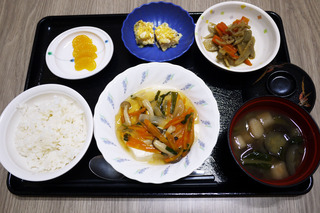 今日のお昼ごはんは、豆腐の野菜あんかけ・根菜きんぴら・ねぎ卵焼き・味噌汁・くだものでした。