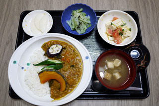 きょうのお昼ごはんは、夏野菜の挽肉カレー・豆腐サラダ・浅漬け・みそ汁・くだものでした。
