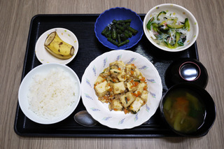 きょうのお昼ごはんは、家常豆腐・春雨の酢の物・いんげんのごま和え・みそ汁・くだものでした。