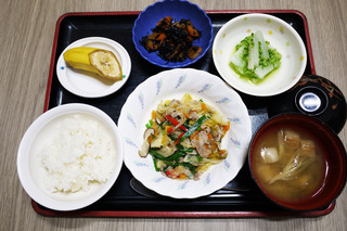 きょうのお昼ごはんは、肉野菜炒め・ひじき煮・甘酢和え・みそ汁・くだものでした。