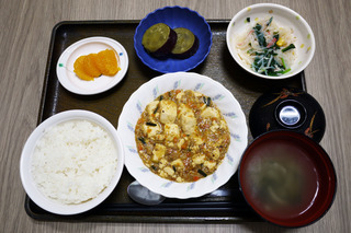 きょうのお昼ごはんは、麻婆豆腐・春雨サラダ・さつま芋煮・みそ汁・くだものでした。