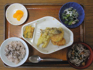 きょうのお昼ご飯は、お赤飯、天ぷら、千草焼き、みぞれ和え、おそば、味噌汁、果物でした。