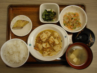 今日のお昼ご飯は、麻婆豆腐、春雨サラダ、お浸し、味噌汁、果物でした。