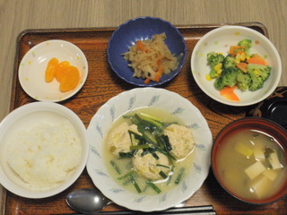 きょうのお昼ご飯は、鶏挽き肉とキャベツの蒸し煮、温野菜、煮物、、味噌汁、果物でした。