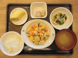 きょうのお昼ご飯は、親子煮、おろし和え、里芋煮、味噌汁、果物でした。