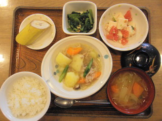 今日のお昼ご飯は、塩肉じゃが、豆腐サラダ、和え物味噌汁、果物でした。