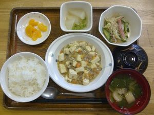 今日のお昼ご飯は、麻婆豆腐、サラダ、煮物、味噌汁、果物です。
