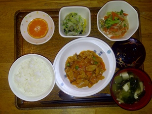 今日のお昼ご飯は、ポークチャップ、温野菜、白菜和風コールスロー、味噌汁、果物です。