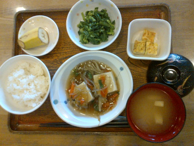 今日のお昼ご飯は、豆腐の野菜あんかけ、青菜のみそマヨ和え、卵焼き、味噌汁、果物でした。