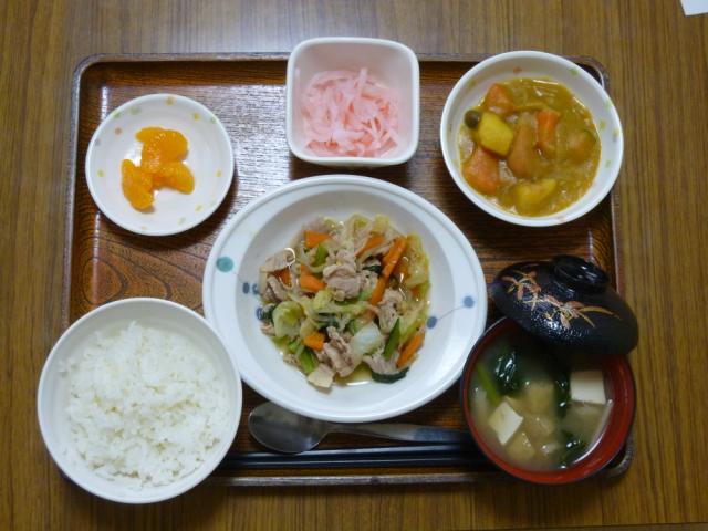 今日のお昼は、肉野菜炒め、カレー煮、紅生姜大根、味噌汁、果物です。