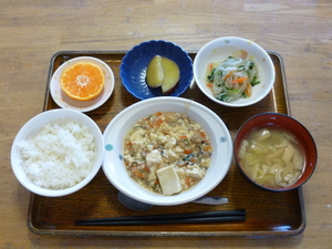 今日のお昼は、麻婆豆腐、春雨サラダ、さつま芋煮、味噌汁、果物です。