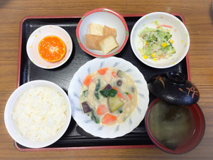 今日のお昼ごはんは、クリームシチュー、サラダ、煮物、みそ汁、果物でした。