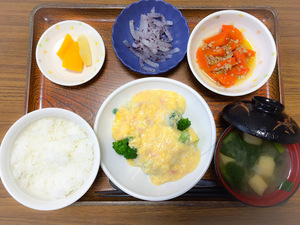 今日のお昼ごはんは、花野菜の卵あんかけ、そぼろ煮、和え物、みそ汁、果物です。